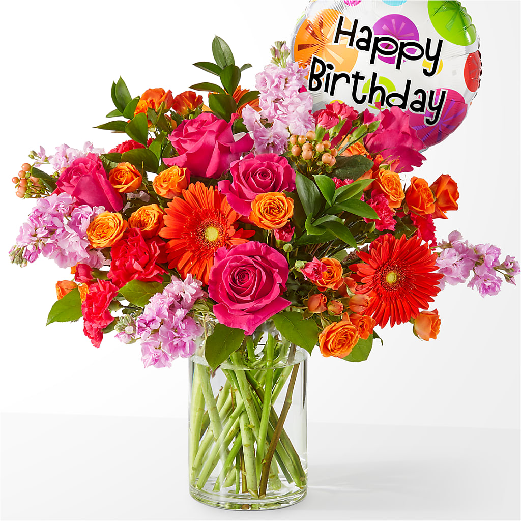 Fiesta Bouquet with Birthday Balloon – Flowers Atlanta, Atlanta GA