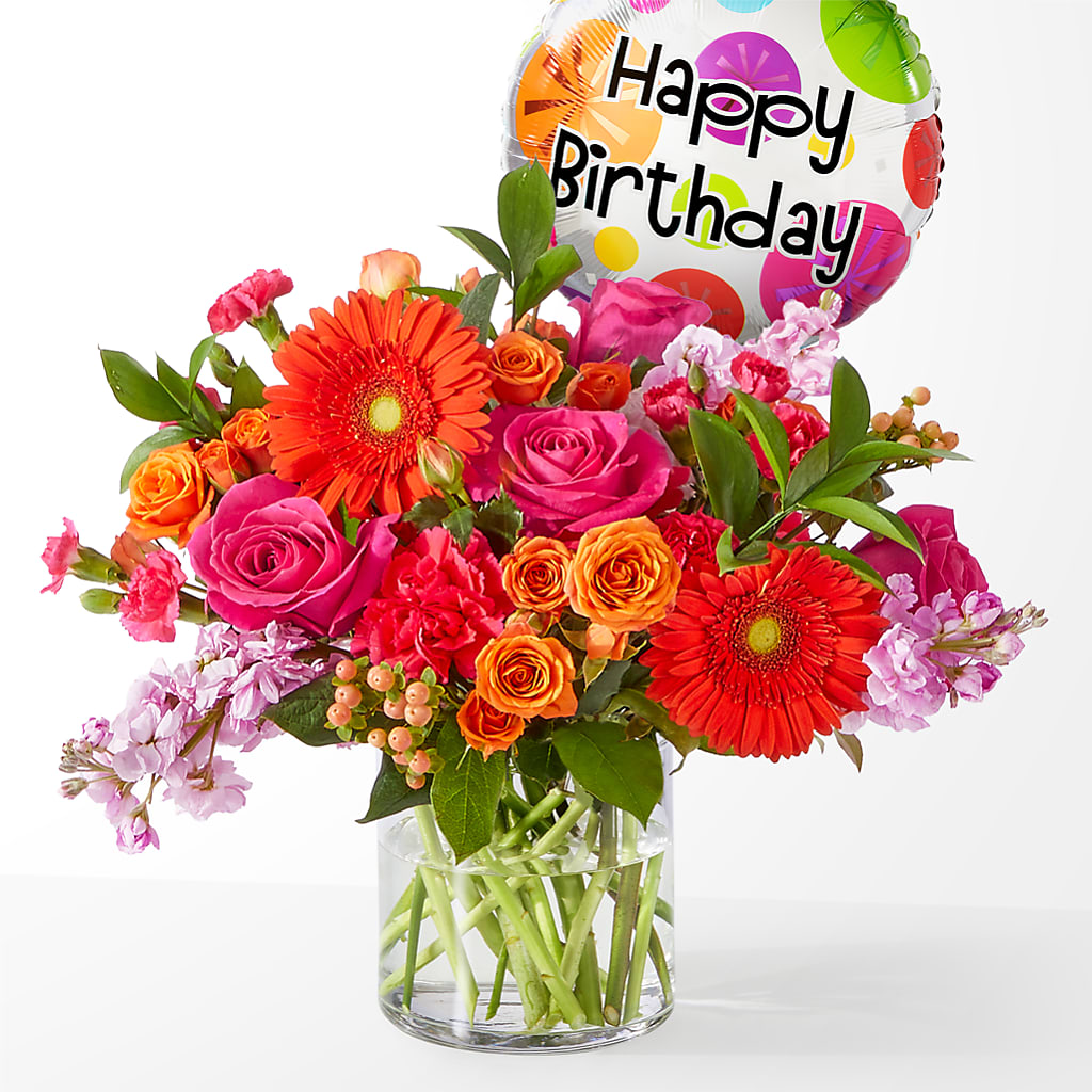 Fiesta Bouquet with Birthday Balloon – Flowers Atlanta, Atlanta GA