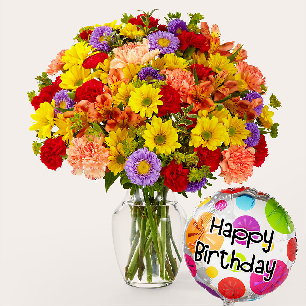 Kaleidoscope Bouquet with Birthday Balloon – Flowers Atlanta, Atlanta GA