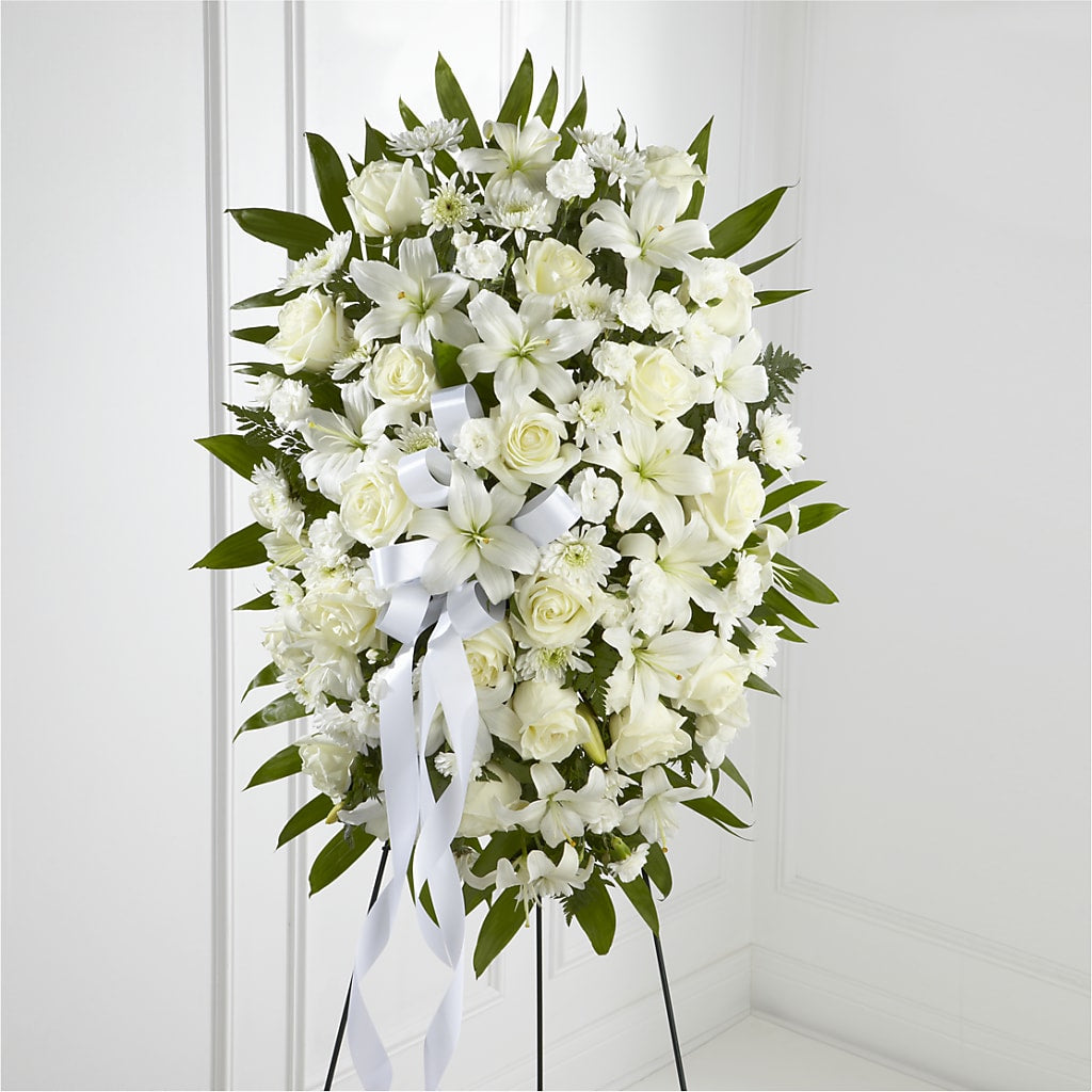 Exquisite Tribute Standing Spray-White Ribbon – Flowers Atlanta, Atlanta GA