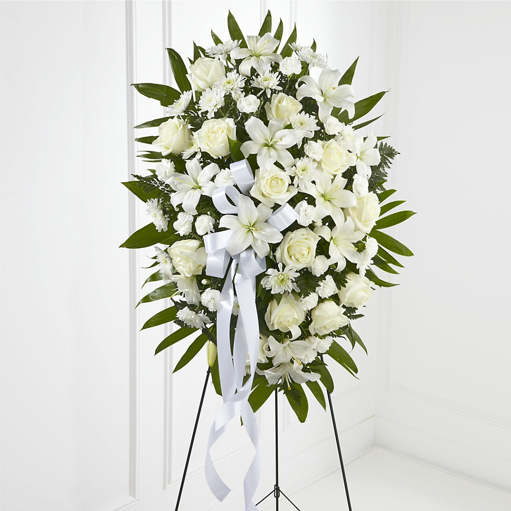 Exquisite Tribute Standing Spray-White Ribbon – Flowers Atlanta, Atlanta GA